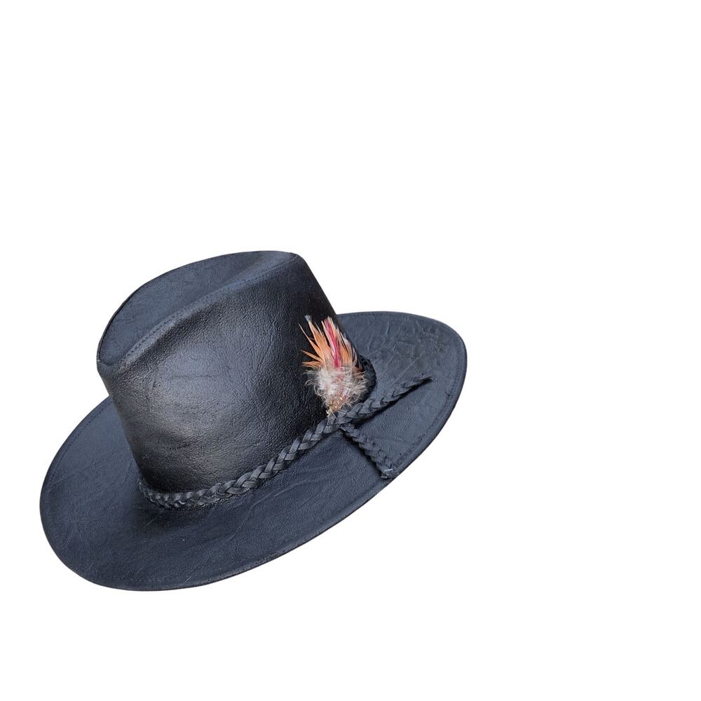 Vintage Leather Cowboy Hat Feather Western Unisex Small USA Made - Picture 3 of 12